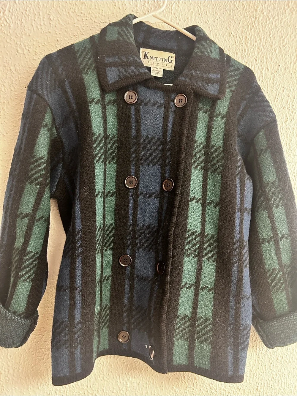 VINTAGE Knitting Needles wool cardigan jacket Black Swatch Plaid Sz Medium